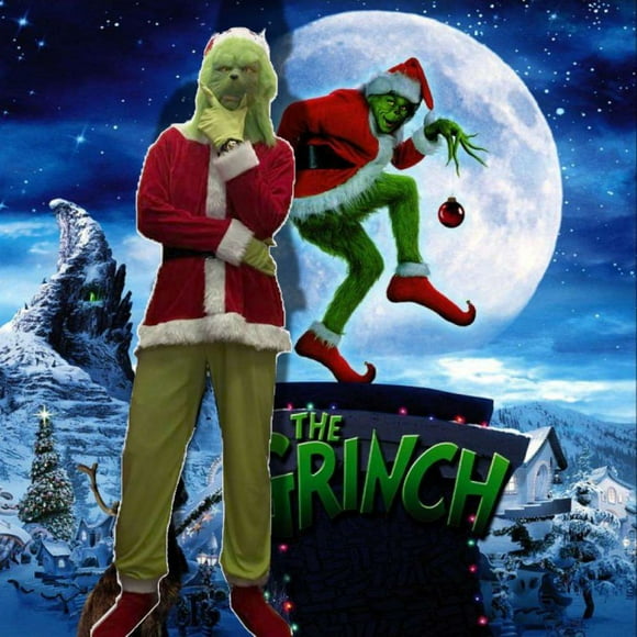 Grinch Costume for Men Christmas Deluxe Furry Adult Santa Suit Green Outfit