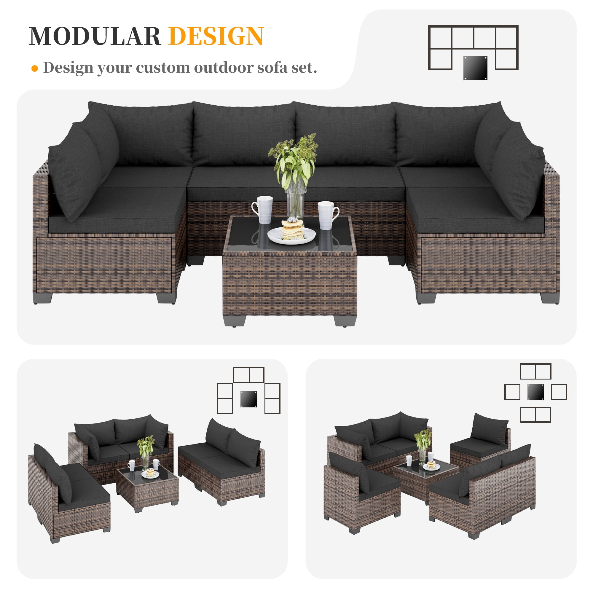 JORVIMAX 7 Piece Patio Furniture Set Outdoor Conversation Sets All-Weather Brown Rattan Wicker Patio Sectional Sofa with Cushions Black