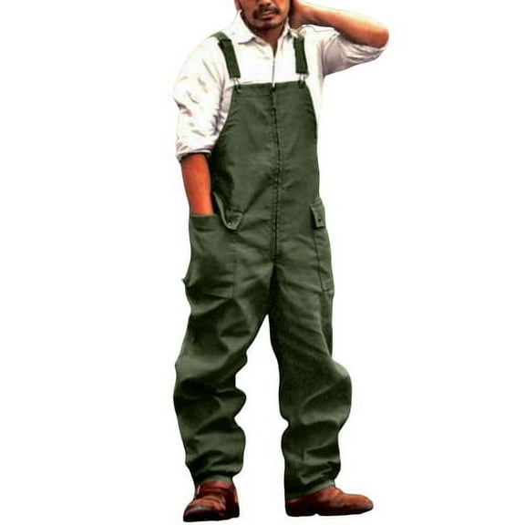 Skymirror Men Denim Jumpsuit Casual Retro Style Loose Fit Overalls with Large Pockets Soft Thick Fabric Cargo Jumpsuit