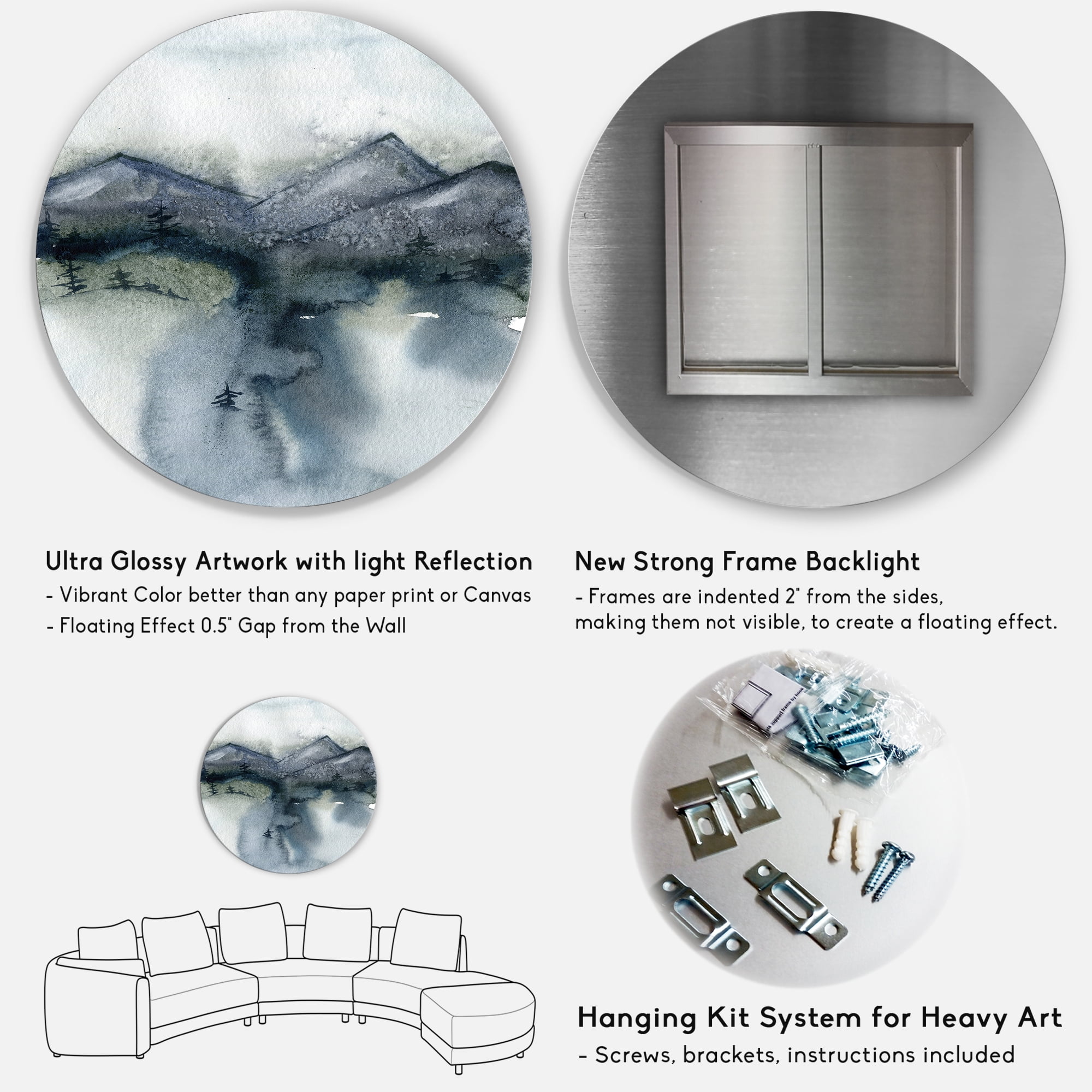 Designart 'Minimalistic Landscape of Mountains Snow and Trees' Modern Circle Metal Wall Art 36x36 - Disc of 36