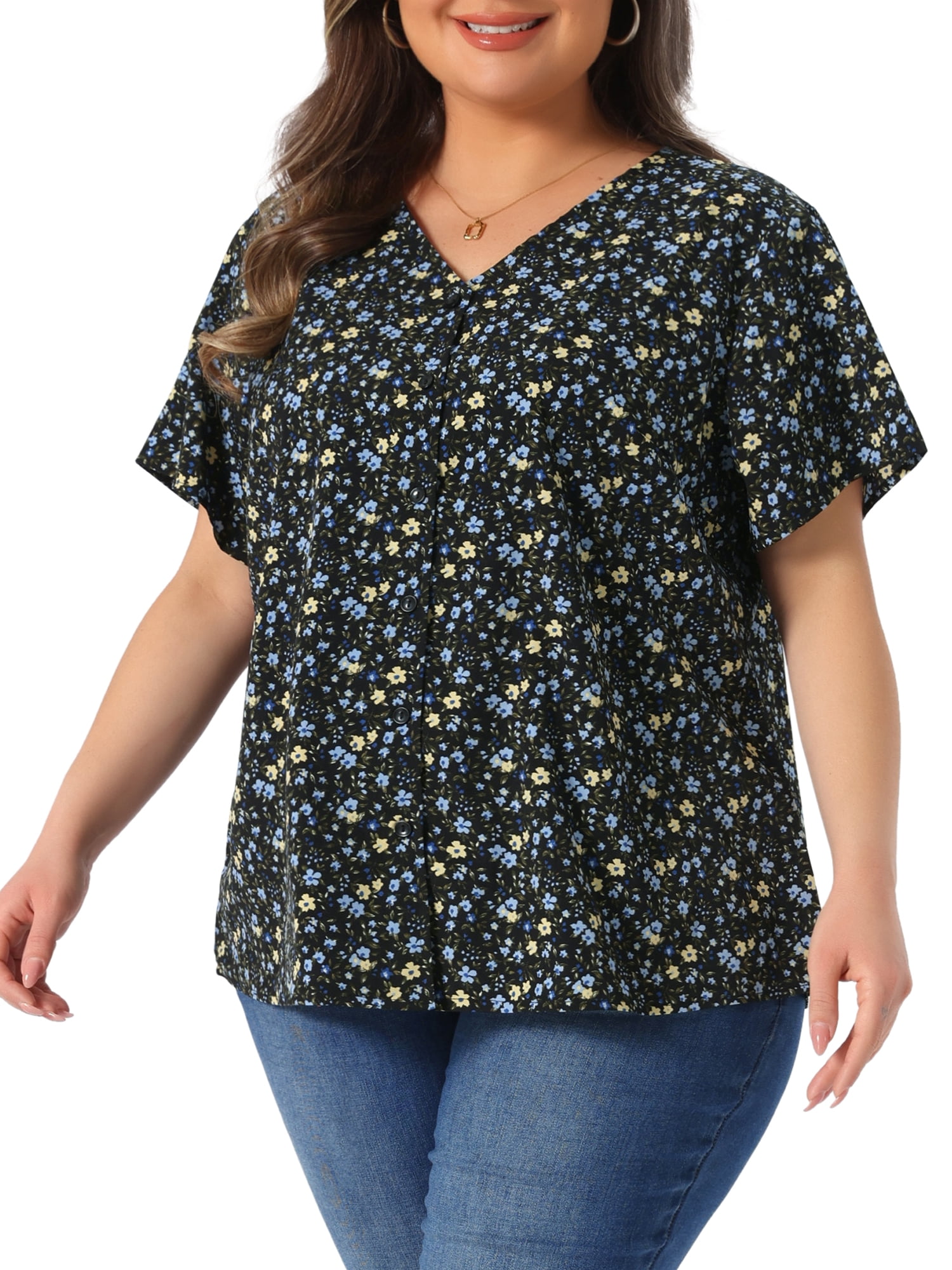 DARING DIVA Women's Plus Size V Neck Button Short Sleeve Floral Shirts 1X Black Blue