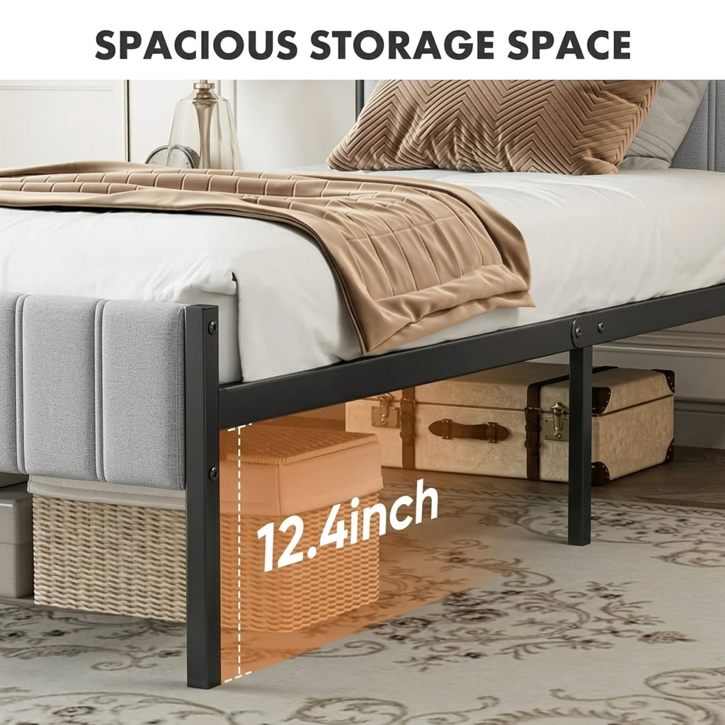 LEDREM Twin Size Metal Bed Frame with Upholstered Headboard and Footboard, 12.4-Inch Underbed Clearance, 550 lb Capacity, Easy Assembly, Dove Gray