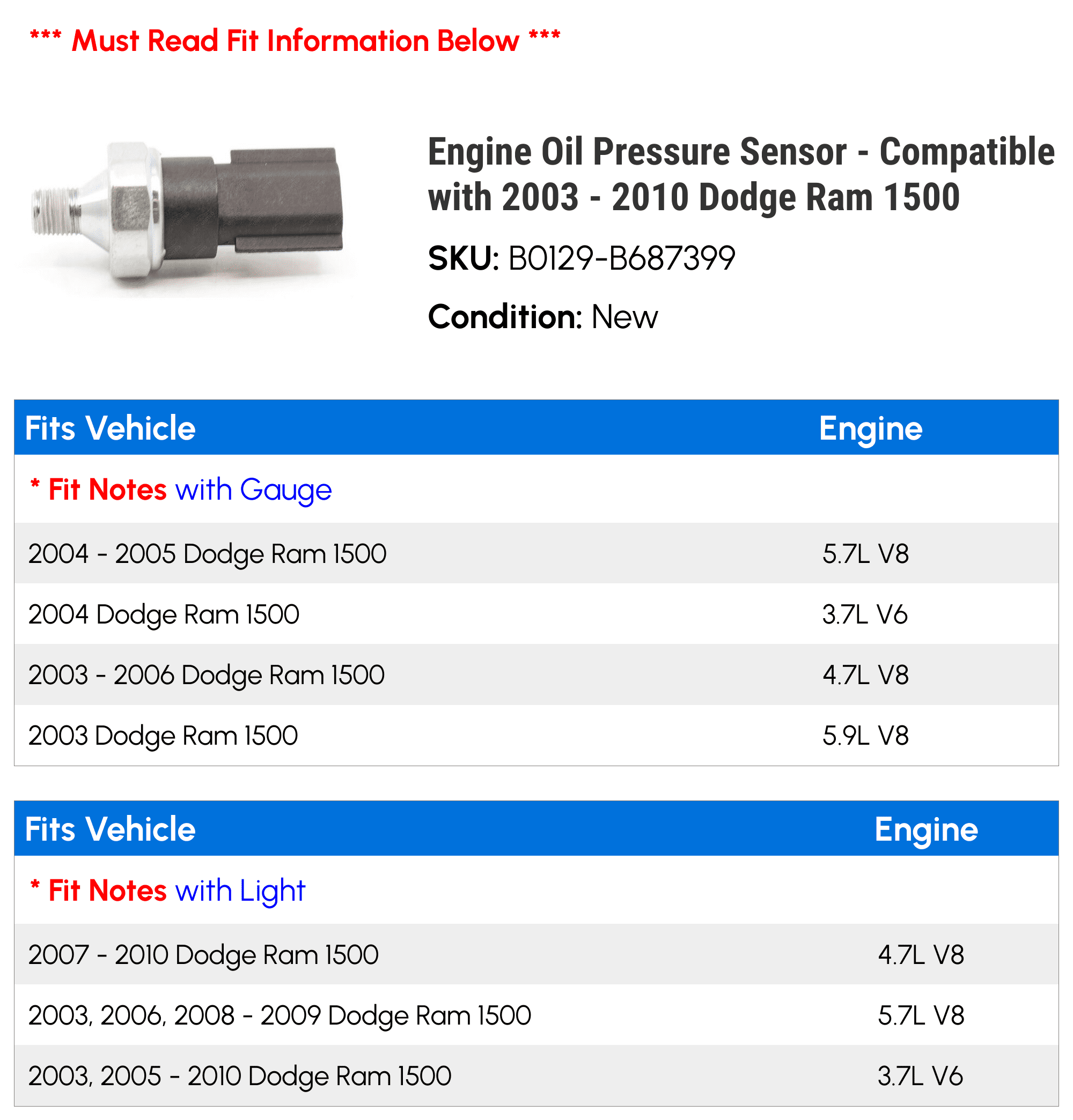 Engine Oil Pressure Sensor - Compatible with 2003 - 2010 Dodge Ram 1500 2004 2005 2006 2007 2008 2009
