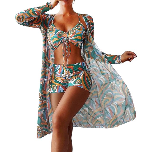 Conjuntos de bikini de cintura alta para mujer cubre traje de baño de 3 piezas estampado de manga larga push up traje de baño playa traje de baño