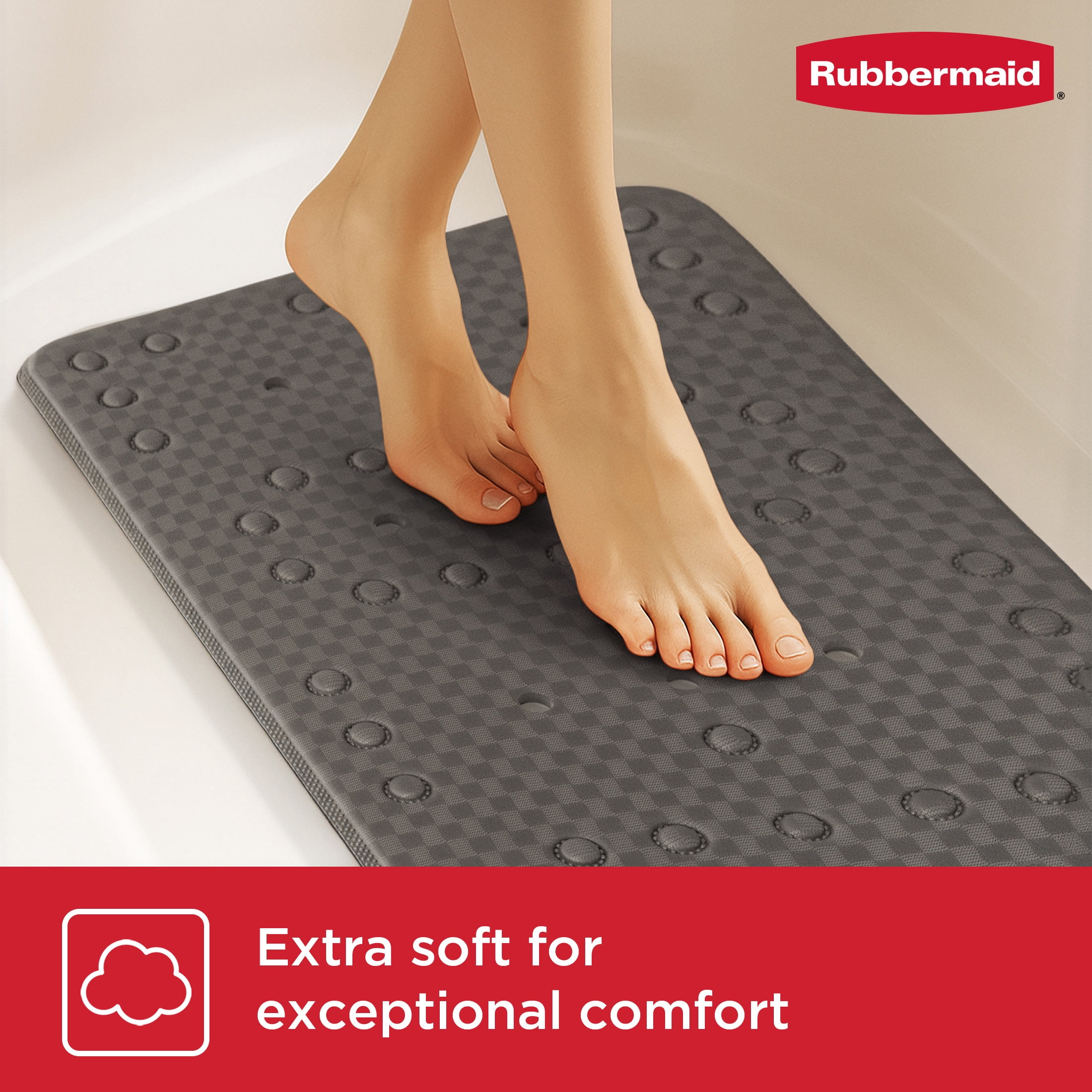 Rubbermaid Soft Foam Tub Mat, Non-Slip Bath Mat with Quick-Drain Holes, BPA-Free TPE, 35.88" x 17", Grey
