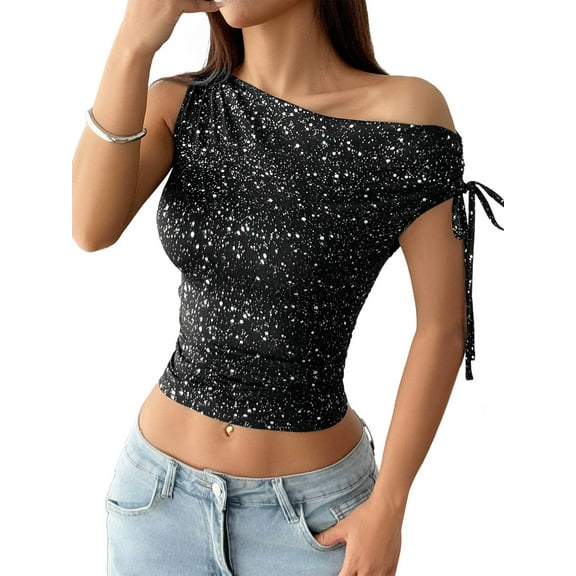 One Shoulder Sequin Sparkly Tops for Women Ruched Asymmetrical Glitter Tops Slimming Sparkle Party Shirts Black M