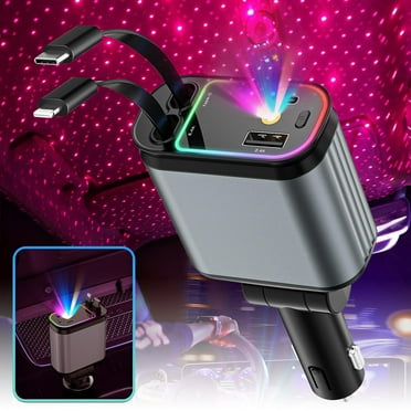 Retractable Car Charger with Projection Star Light, 66W 4-in-1 Fast Car Phone Charger with Retractable Cable & 2 USB Ports for iPhone 16/15/14/13, Galaxy, Pixel