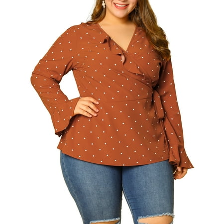 Women's Plus Size Polka Dot V Neck Tie Waist Ruffle Wrap Top