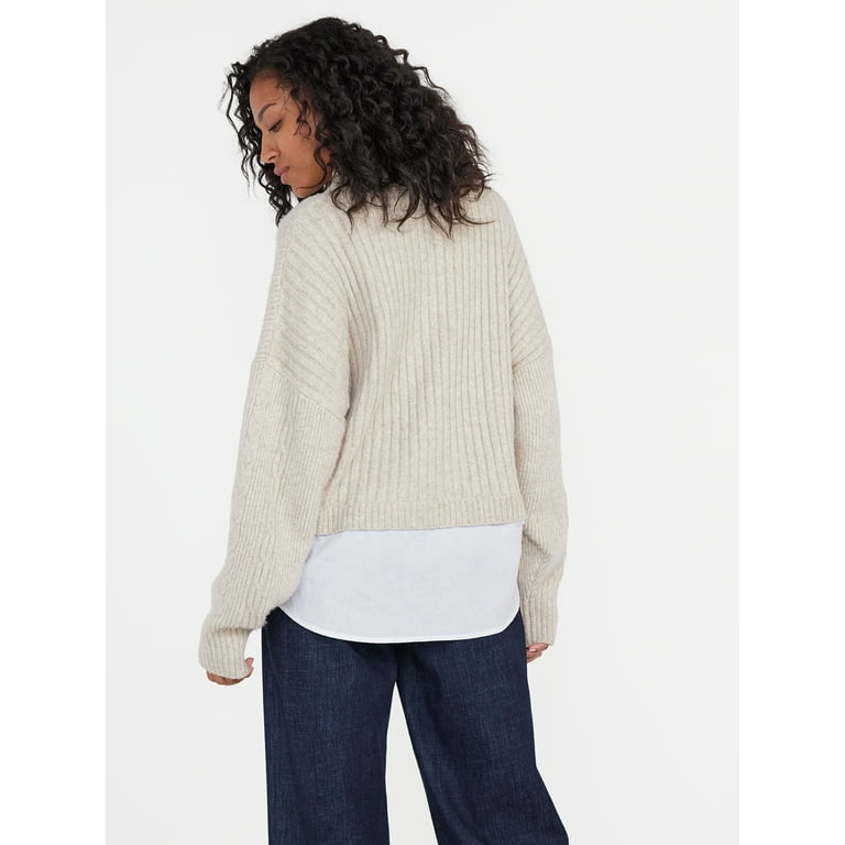 Time and Tru Women's Cable Knit Poplin Layer-Look Sweater, Sizes