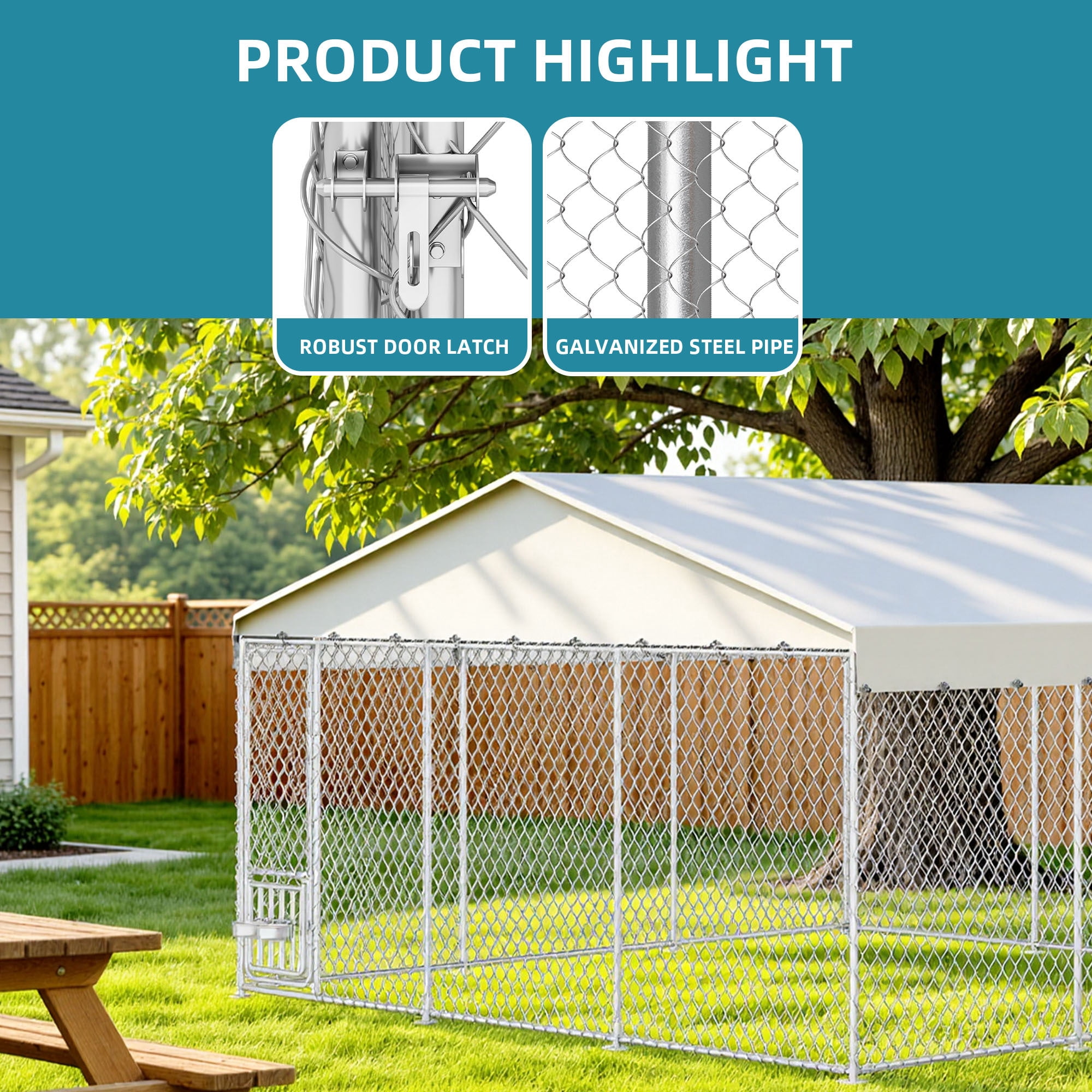 ModFusion 14.8×14.8×7.9FT Heavy Duty Outdoor Dog Kennel, Rotating Feeder Bowls & UV-Resistant Waterproof Cover, Yard Dog Enclosure for Medium Large Dogs