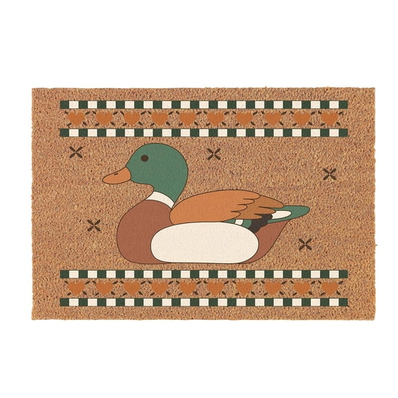 Welcome Doormat Stylized Mallard With Reeds Front Door Mat Non Absorbent Faux Coir Entry Rug Indoor Outdoor Decorative Doormat
