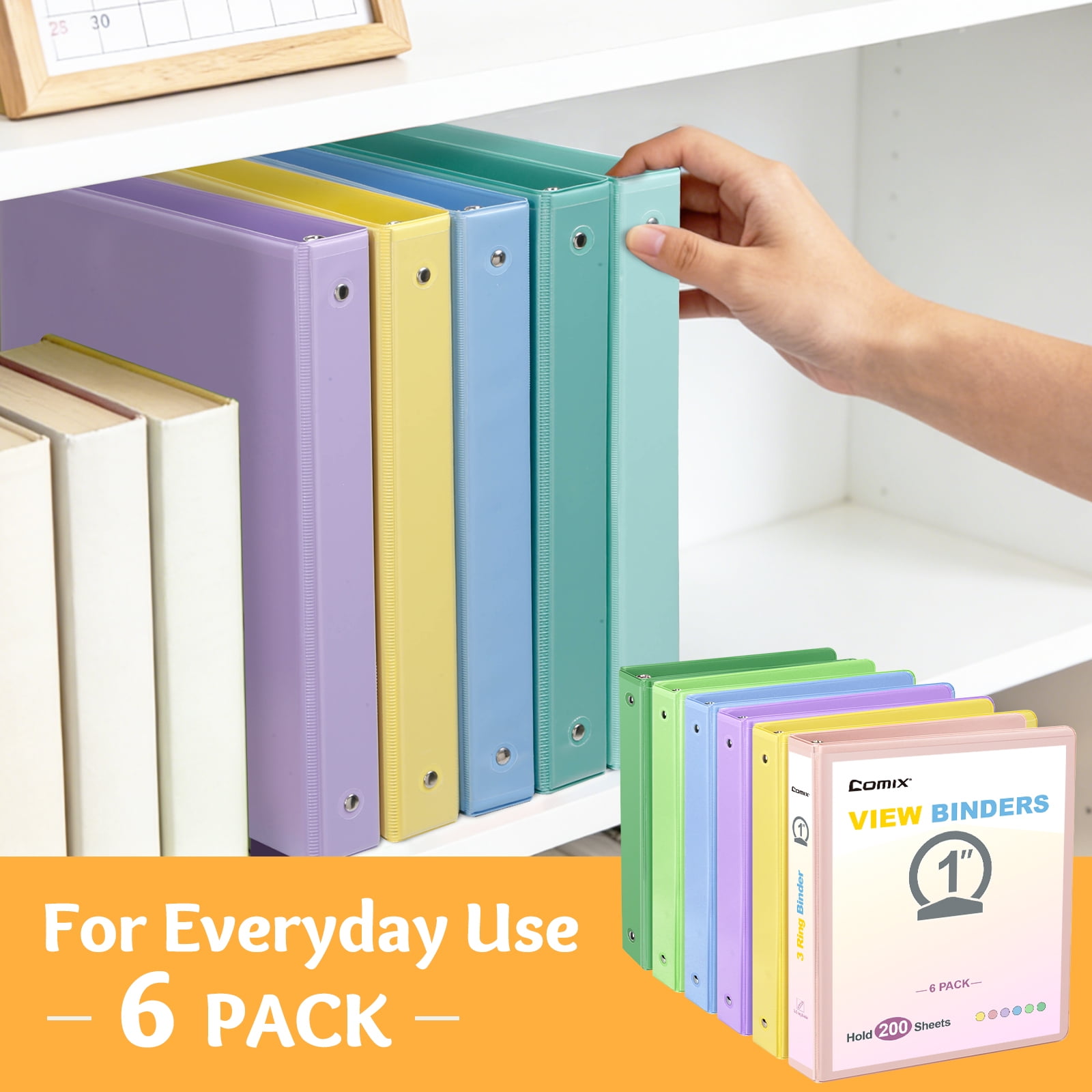Comix 1 inch 3 ring Binder 6 Pack, Round Ring, 200 Sheets Capacity Pastel Color Assorted For Office School Home