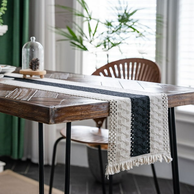 Nvzi Bandera de mesa de algodón y lino a rayas de dos colores con borlas tejidas, material natural, bandera de mesa, decoración de escritorio (blanco, 275 * 30 cm)