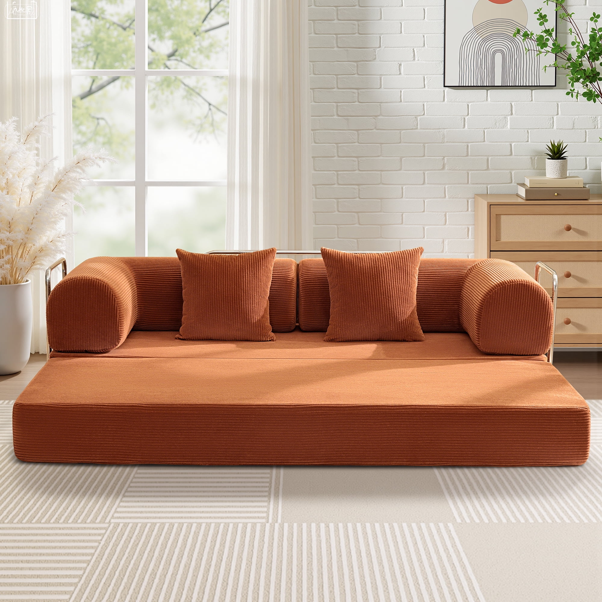COOLHUT 78.7" W Combination Sofa, High Rebound Density Foam Sofa Couch, Two Forms Floor Couch Three Seats Sofa Bed for Living Room, Bedroom, Pumpkin Brown