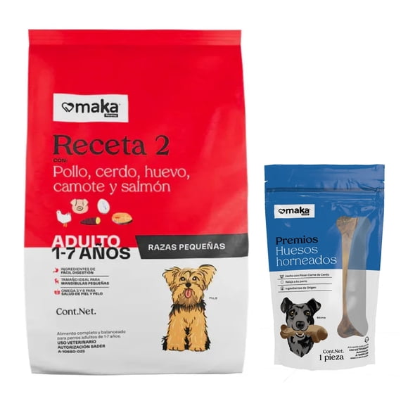 Maka Receta 2 Adulto Razas Pequeñas 2 Kg + Hueso Femur Horneado 1 Pieza