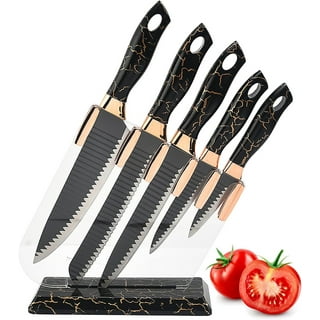 7pcs Kitchen Knife Sets Stainless Steel Chef Knife Bread Knife Marble  Textured Handle Sets Tool Holder with Grinding Stone