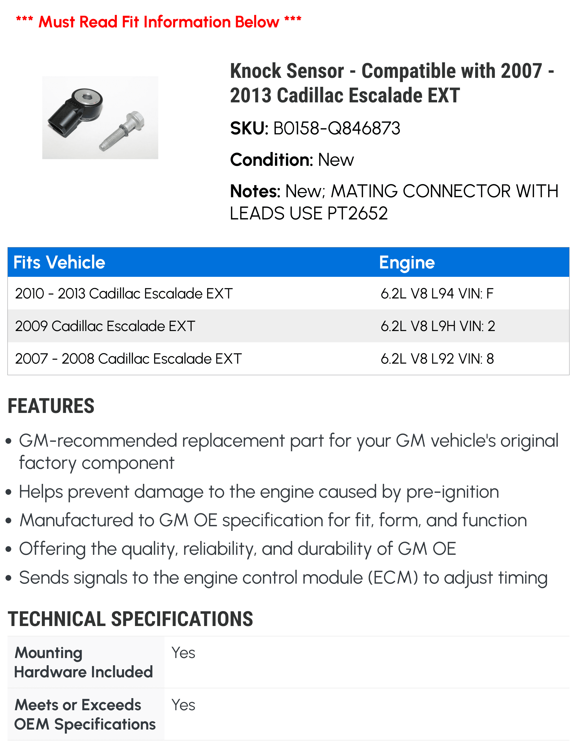 Knock Sensor - Compatible with 2007 - 2013 Cadillac Escalade EXT 2008 2009 2010 2011 2012