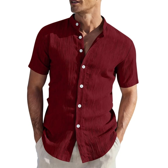 Timoontee Men's Button Down Shirts Lightweight Spring Casual Shirts Summer Beach Vacation Shirt Short Sleeve Mock Neck Dress Shirt Wine XXL