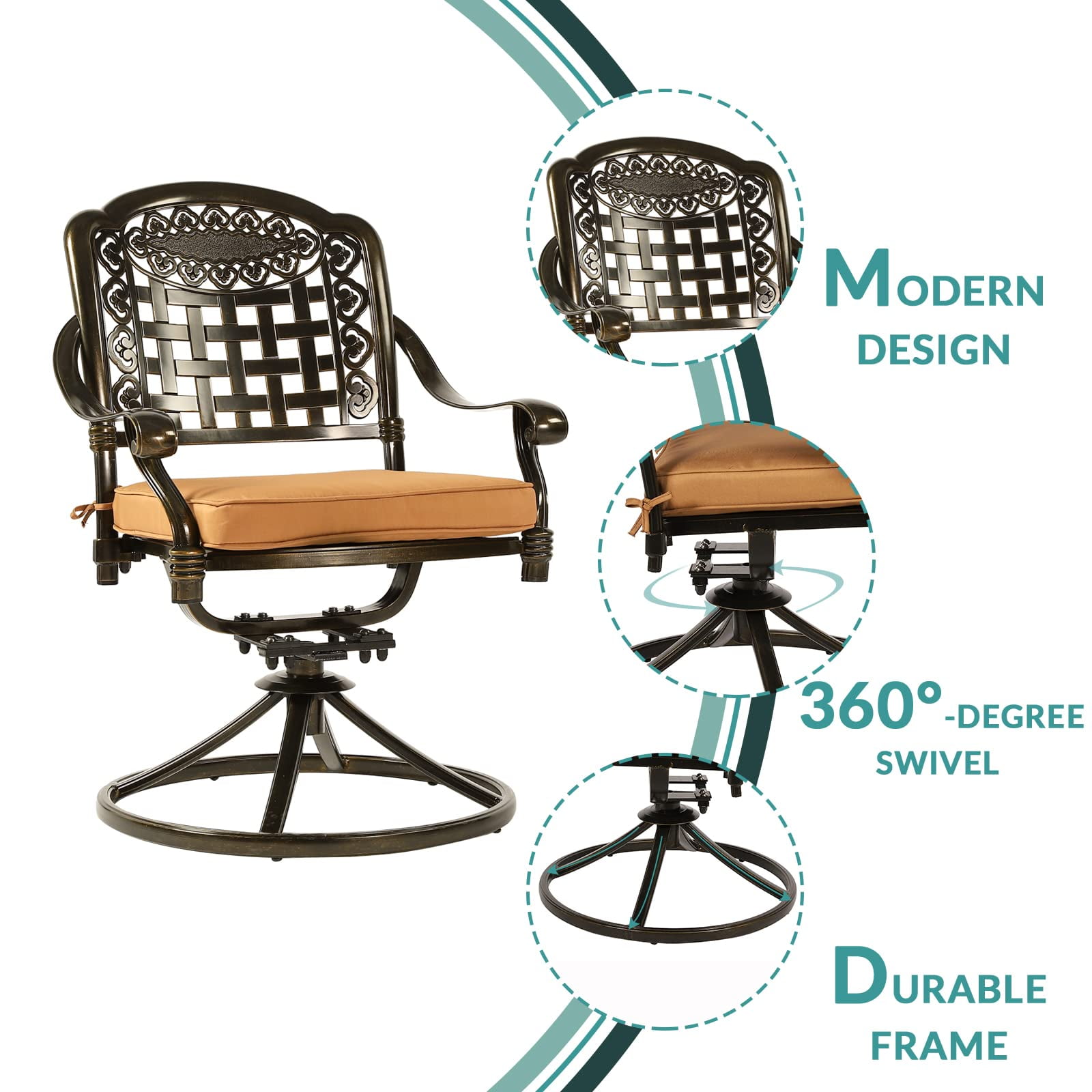 MEETWARM 2 Piece Patio Dinning Swivel Chairs Rocker, Outdoor All-Weather Cast Aluminum Chairs with Cushions, Patio Bistro Dining Chair Set for Garden Deck Backyard, Dark Bronze