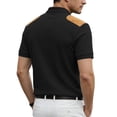 thumbnail image 4 of Corduroy Accent Polo Shirts for Men Stand Collar Short Sleeve Quarter Button Placket Casual Loose Fit Waffle Fabric Daily Wear Polo Shirts, #01 Black, S, 4 of 4