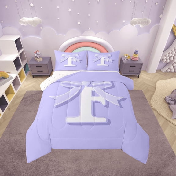 Erosebridal Initial F Letter Bedding Sets Twin with Comforter, Princess Bow Duvet Insert, Purple Monogrammed Reversible Down Comforter, Microfiber Room Decor, 2pcs