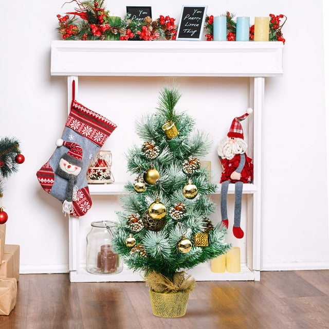 Patiojoy 24" Snow Flocked Pine Artificial Christmas Tree Tabletop Xmas Tree W/ Burlap Base