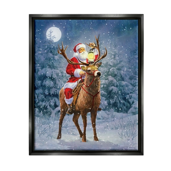 Stupell Industries Santa Riding Reindeer Landscape Holiday Painting Black Floater Framed Art Print Wall Art