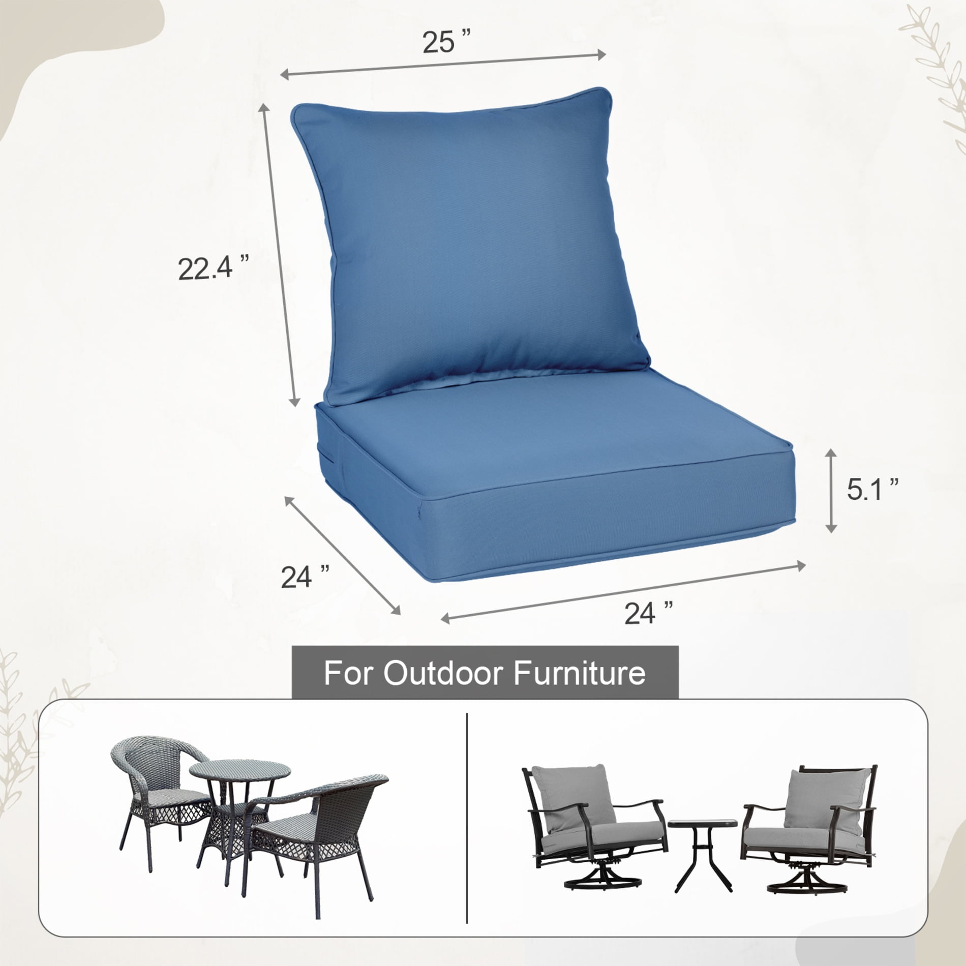 BPS 24x24x5 inch Outdoor Deep Seat Cushion, Water-Resistant Patio Furniture Cushions for Outdoor Chairs, Sofa, Couch, 2-Piece, Steel Blue