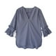 thumbnail image 2 of Camisa a rayas Blusa con cuello en V de verano Mujer Top casual con manga trompeta, Azul, L kenally AP001548-14B, 2 of 7