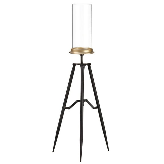 Allstate 30.75" Black and Gold Hurricane Glass Candle Holder with Foldable Metal Stand