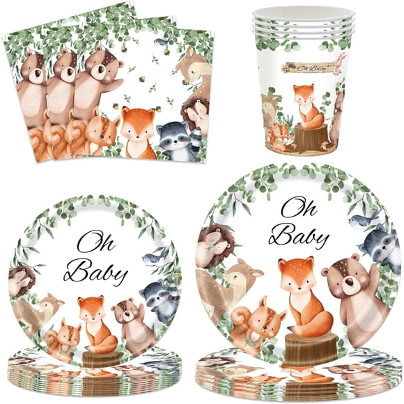 missunny-68 Pcs Woodland Tableware Woodland Party Decorations Woodland Baby Shower Decorations Wild One Disposable Dinnerware with Woodland Animals Plates Cups Napkins for Forest Animal Party Decor