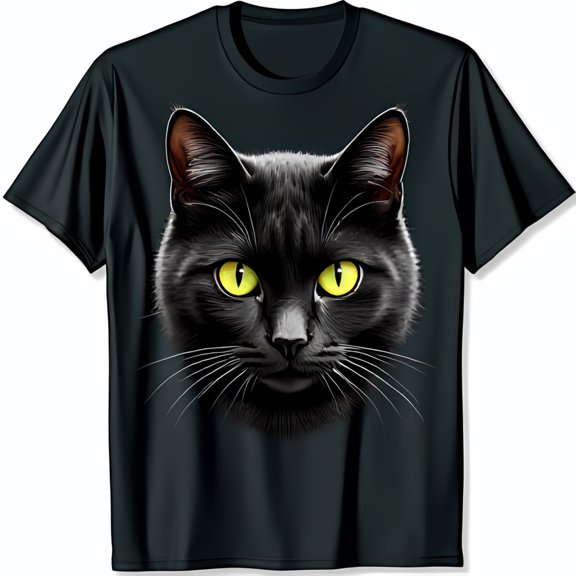 Black Cat Head T-Shirt with Piercing Yellow Eyes Feline