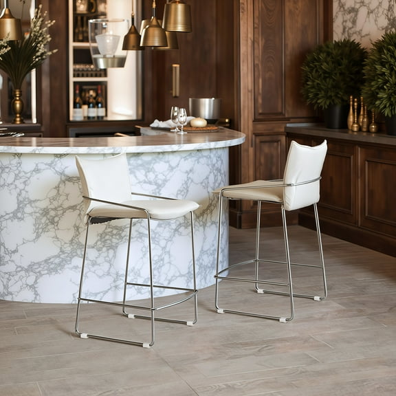 Pola Counter Stool White Counter Stool, Modern Style, Cozy polyester linen fabric, Plywood, Indoor Bar