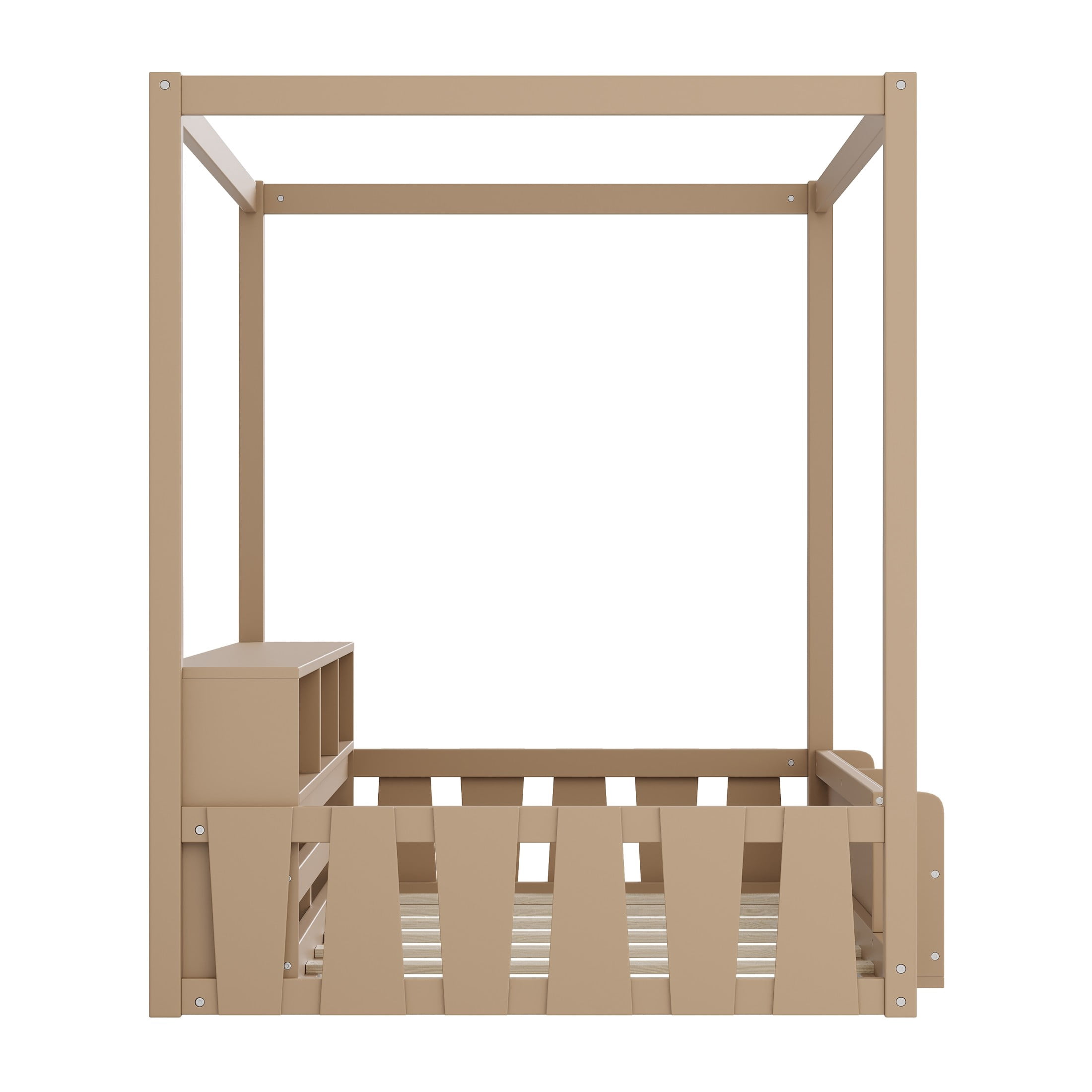 GDF Studio Misol Twin Size Montessori Canopy Floor Bed with Storage & Guardrails, Pine Wood Kids Bed Frame, Dark Brown