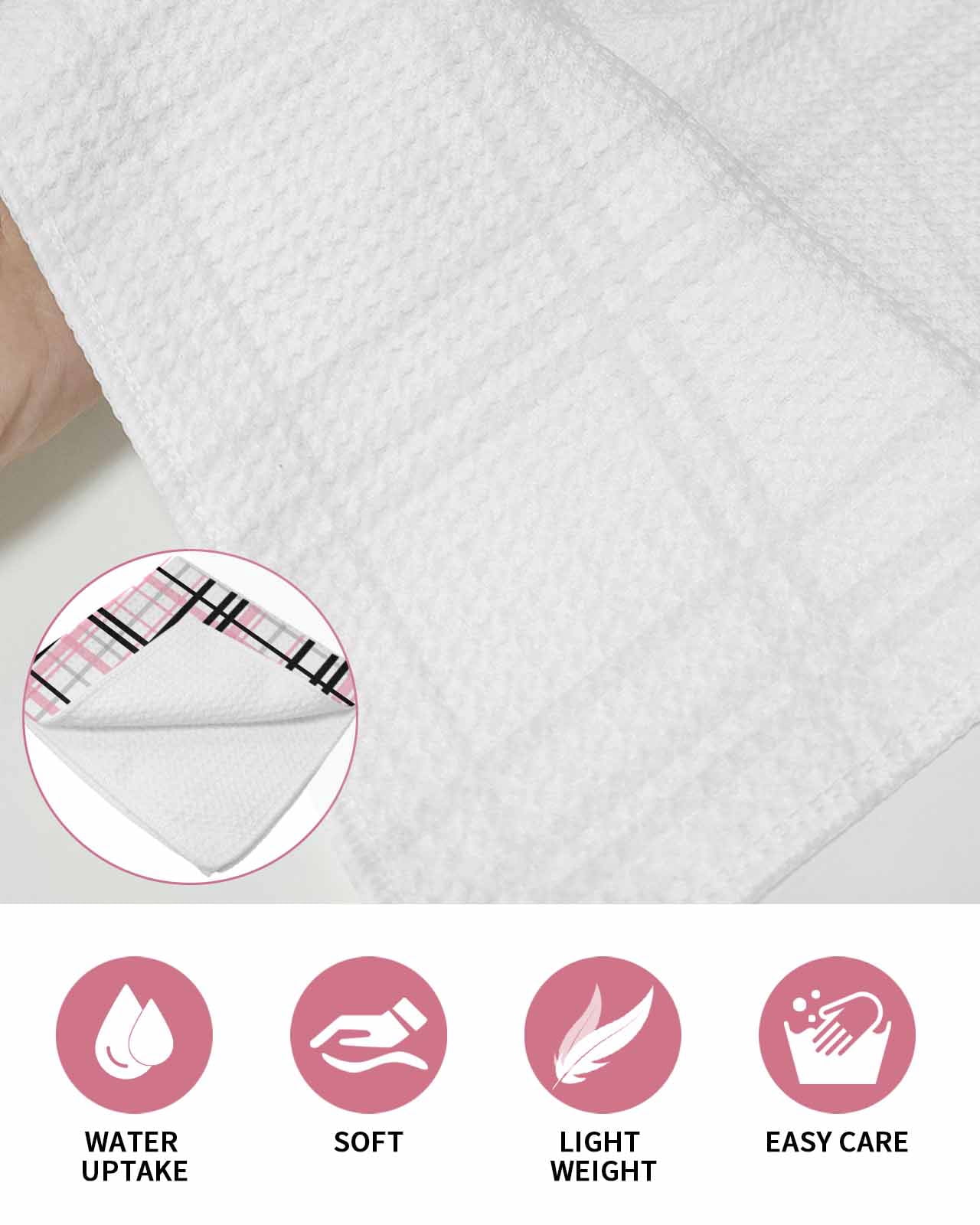 Pink Black Plaid Hand Towels Set, Waffle Weave Kitchen Towels 4 Pieces, Farmhouse Pink Black Checkered Microfiber Hair Face Bath Tea Towel Absorbent Quick Drying Cleaning Dish Cloths 15.7"x23.6"
