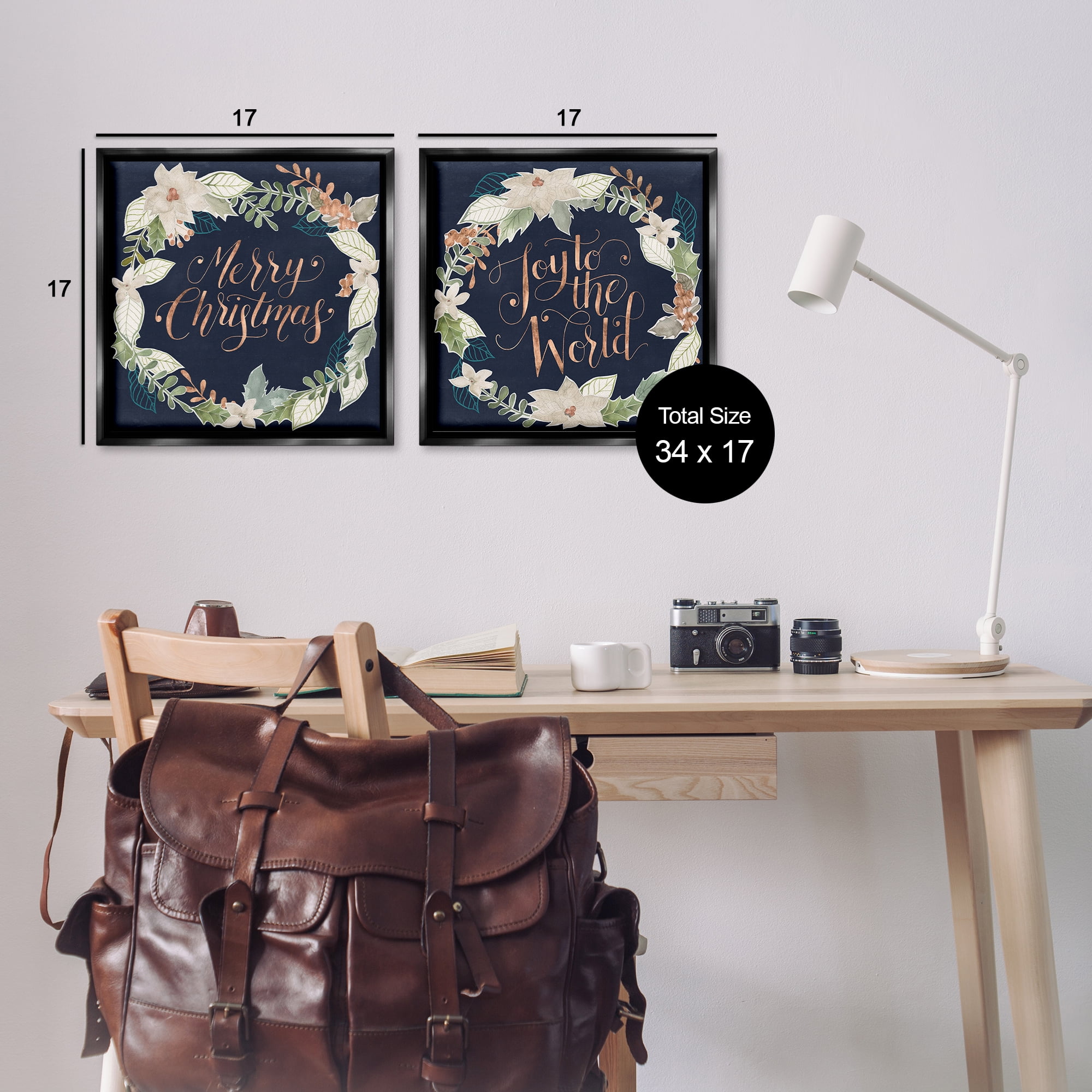 Stupell Industries Merry Christmas Joy Wreath Holiday Painting Black Floater Framed Canvas Art Prints Wall Art, 18 x 18, Set of 2