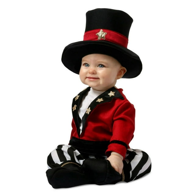 Baby Lil Ringmaster Halloween costume featuring a vibrant red jacket with gold star accents, black lapels, and striped black-and-white pants. Includes a matching black top hat with a red band and gold star detail.