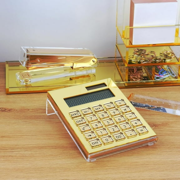Acrylic Calculator with Stand, Battery and Solar Hybrid Powered Basic Calculator 12-Digit LCD Display,Home Office Desktop Accessories(Gold)