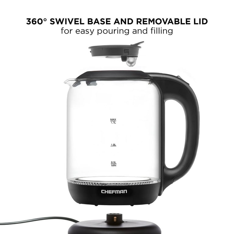 Chefman 1.7 Liter Electric Glass Tea Kettle, Fast Hot Water Boiler, One  Touch Operation, Boils 7 Cups, Swivel Base & Cordless Pouring, Auto Shut-Off