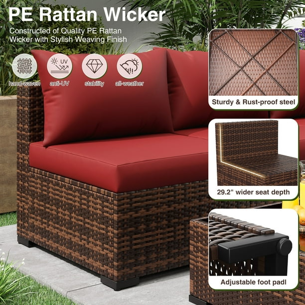 ELPOSUN 7 Pieces Patio Furniture Set All Weather Outdoor Sectional Sofa, Outdoor Modern Sectional Furniture Wicker Couch with Glass Coffee Table, Thicken Red Cushions, Water... ELPOSUN 7 Pieces Patio Furniture Set All Weather Outdoor Sectional Sofa, Outdoor Modern Sectional Furniture Wicker Couch with Glass Coffee Table, Thicken Red Cushions, Water... - Image 8