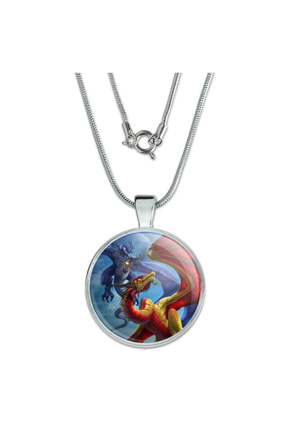 Dragon Fight Slash and Burn Fantasy 1" Pendant with Sterling Silver Plated Chain