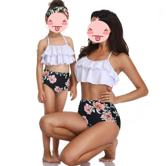 Jurebecia Mother Daughter Swimwear Family Matching children Two Pieces Bathing Suits Top Ruffled Flounce Tummy Control High Waisted Bottom Bikini Set