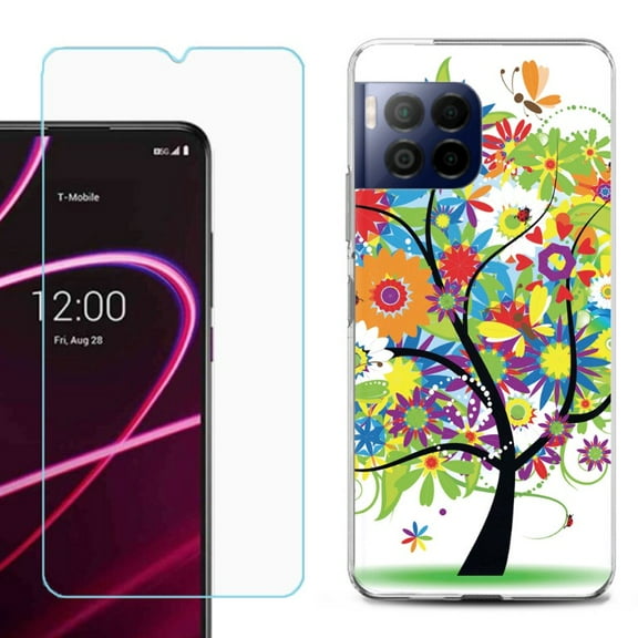 For T-Mobile Revvl 7 Pro 5G Phone Case, Shockproof Case Cover with Tempered Glass Screen Protector, by OneToughShield - Colorful Tree