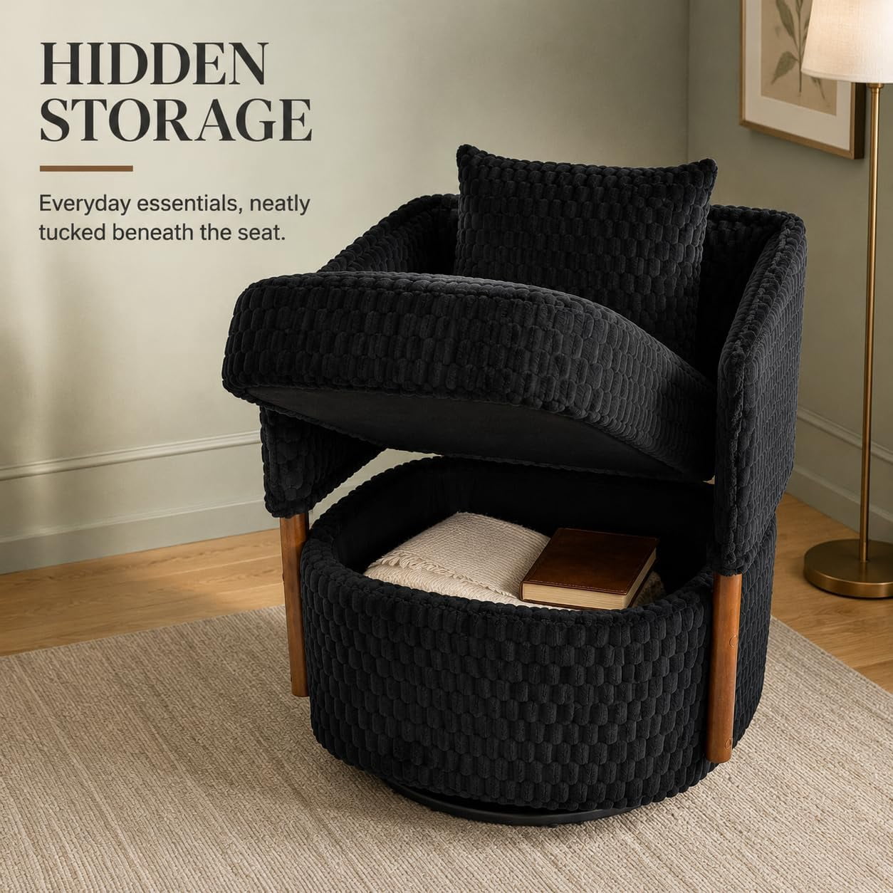 MOONIMSS 360°Swivel Accent Chair, Corduroy Vanity Chair with Storage,Black