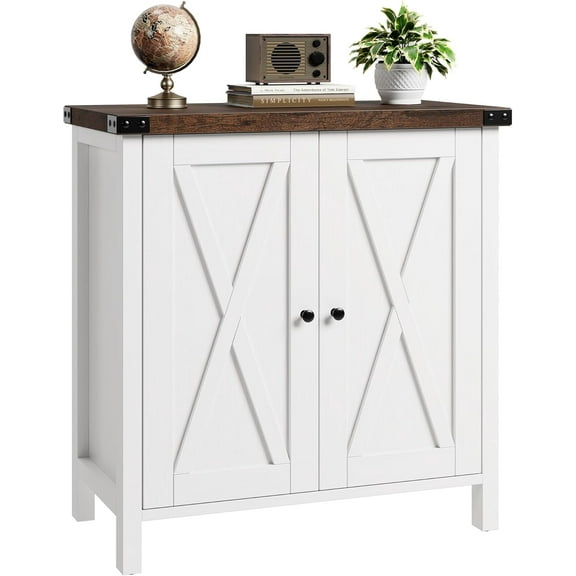 Small Storage Cabinet, Farmhouse Sideboard Buffet Cabinet with 2 Doors and Adjustable Shelves, Accent Entryway Console Cabinets for Living Room, Dining Room (White Brown, 1 Pieces)
