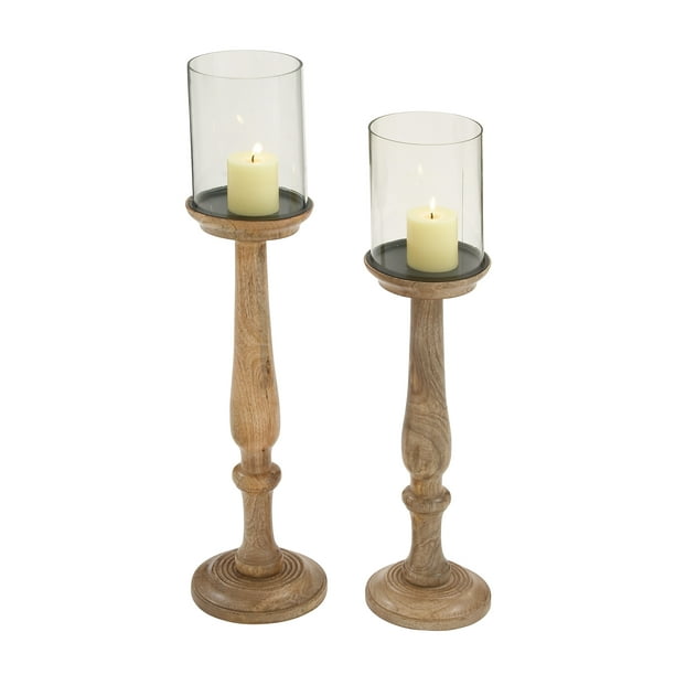 DecMode Set of 2 natural 29 and 32 inch oak brown hurricane lamp candle
