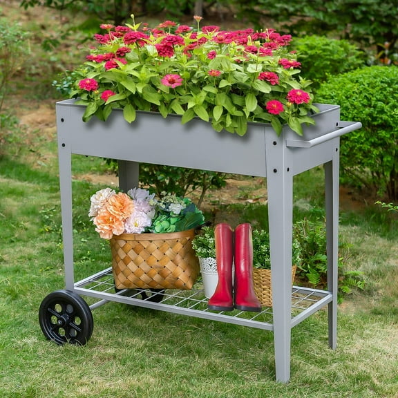 ZOPan Raised Planter Box Garden Bed Planter with Legs on Wheel Metal Planter, Gray