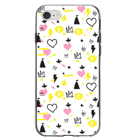 DistinctInk Clear Shockproof Hybrid Case for iPhone 7 8 SE (2020 Model) 4.7" Screen TPU Bumper Acrylic Back Tempered Glass Screen Protector - Girl Power - Crown Hearts Castle Pink Yellow