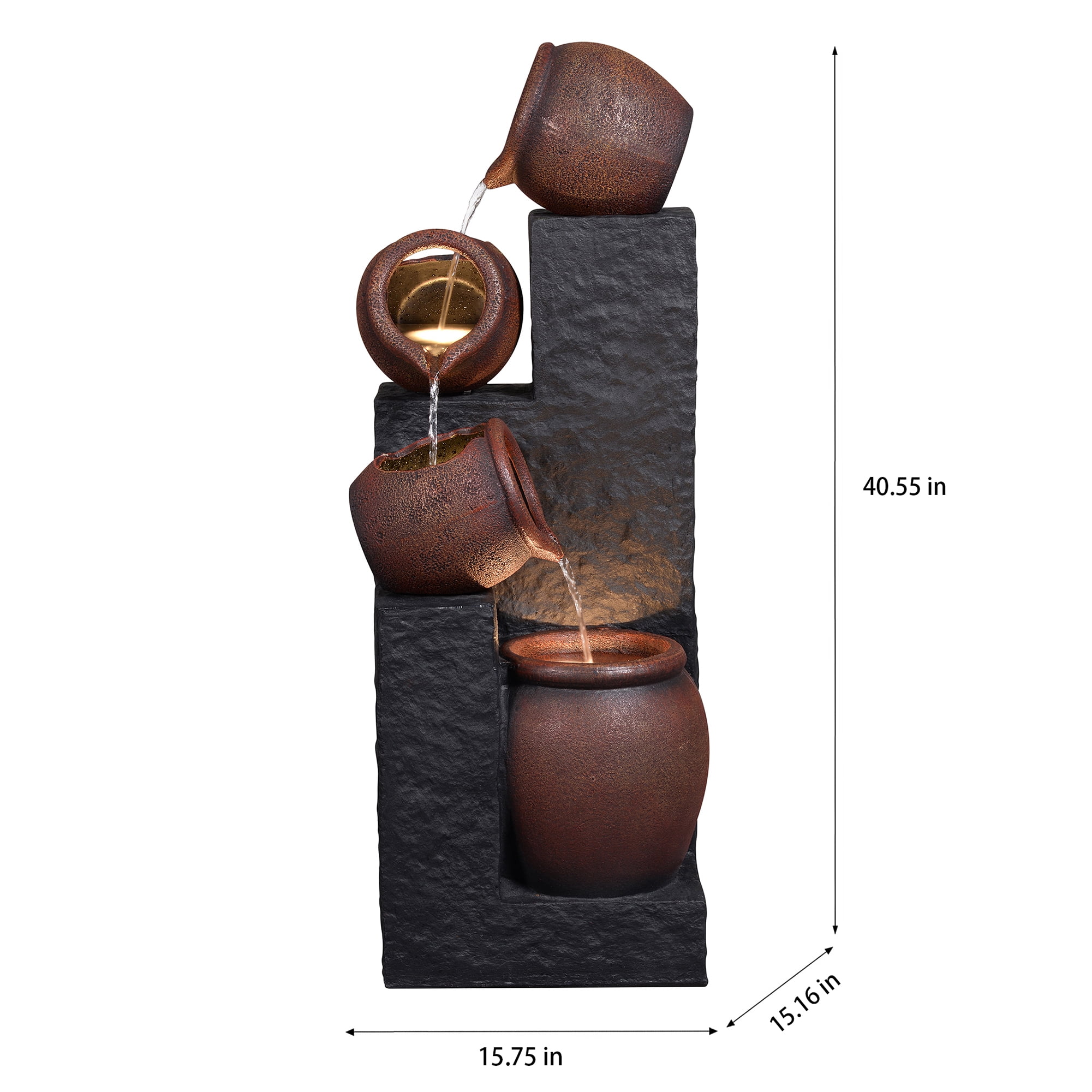 Cascading Urn Fountain, Decorative Water Fountain with LED Lights and Quiet Pump, Indoor Outdoor Water Feature for Patio, Garden, Deck, Balcony, Office and Home Décor