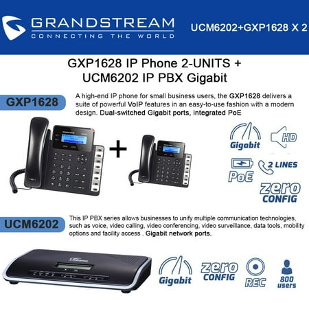 - Grandstream GXP1628 IP Phone 2-UNITS + UCM6202 2 Port IP PBX Gigabit
